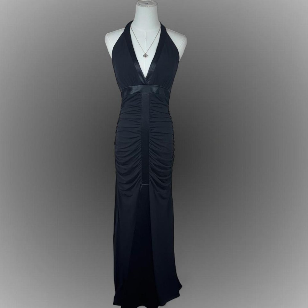 vintage y2k jessica mcclintock black halter maxi dress satin trim ruched body